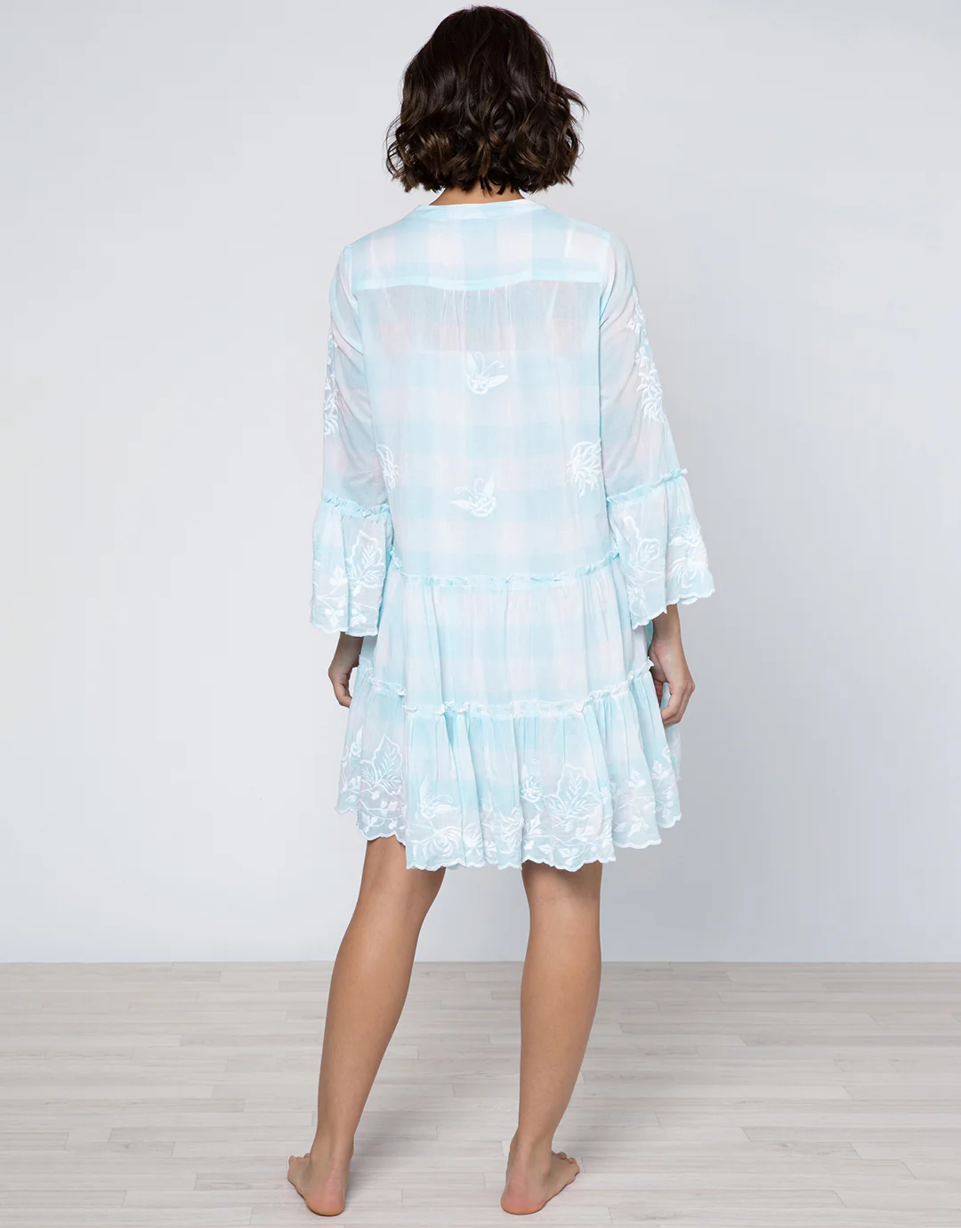 Butterfly Gingham Flared Sleeve Dress - Blue - Image 2