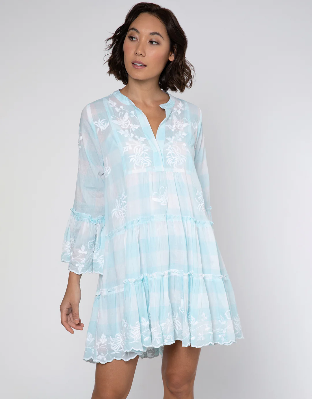 Butterfly Gingham Flared Sleeve Dress - Blue - Image 3