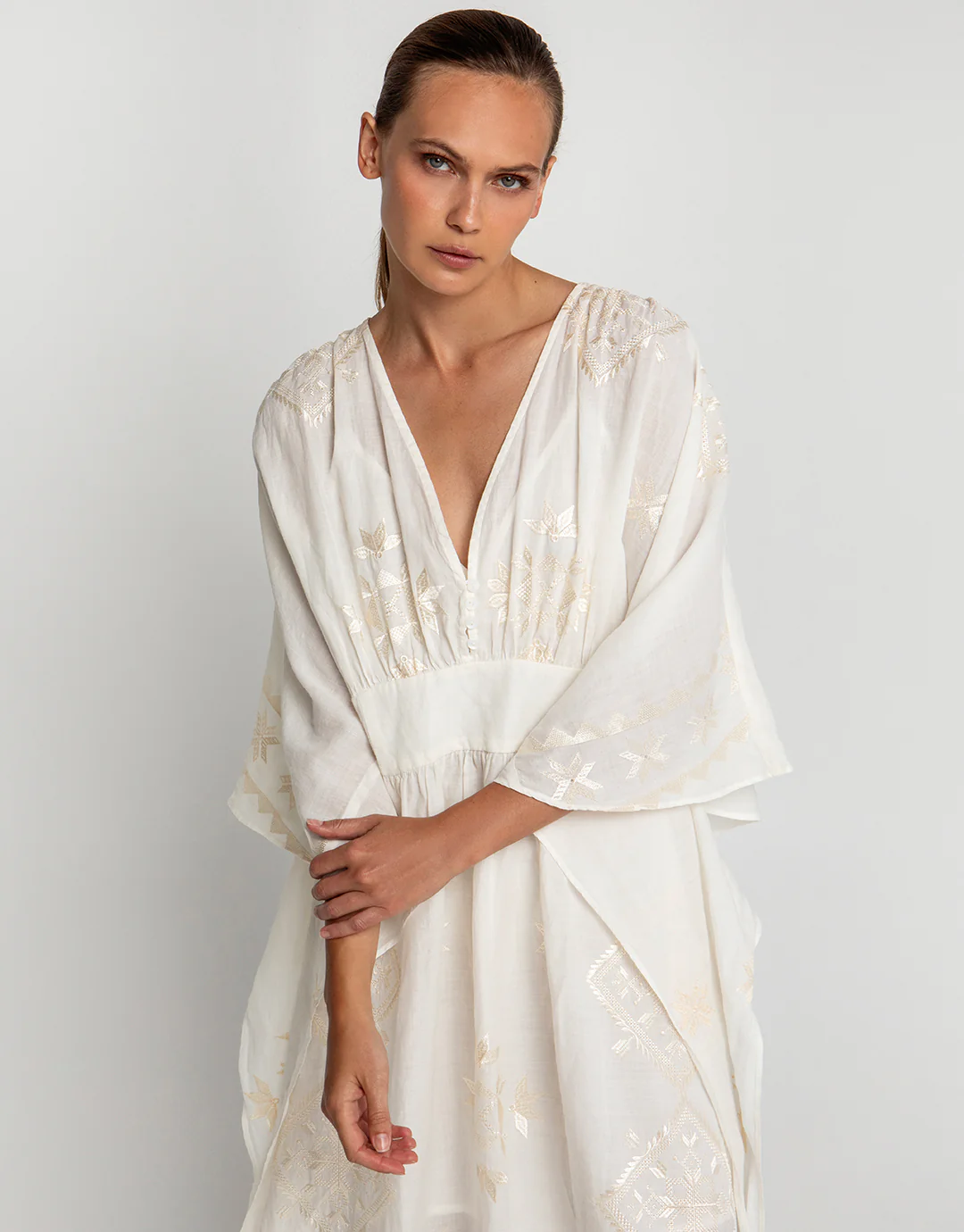 Lefkada Kimono Sleeve Maxi Kaftan - Natural and Champagne - Image 3
