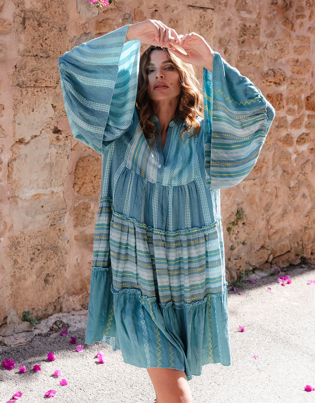 Patchwork Mini Boho Dress - Blue - Image 2