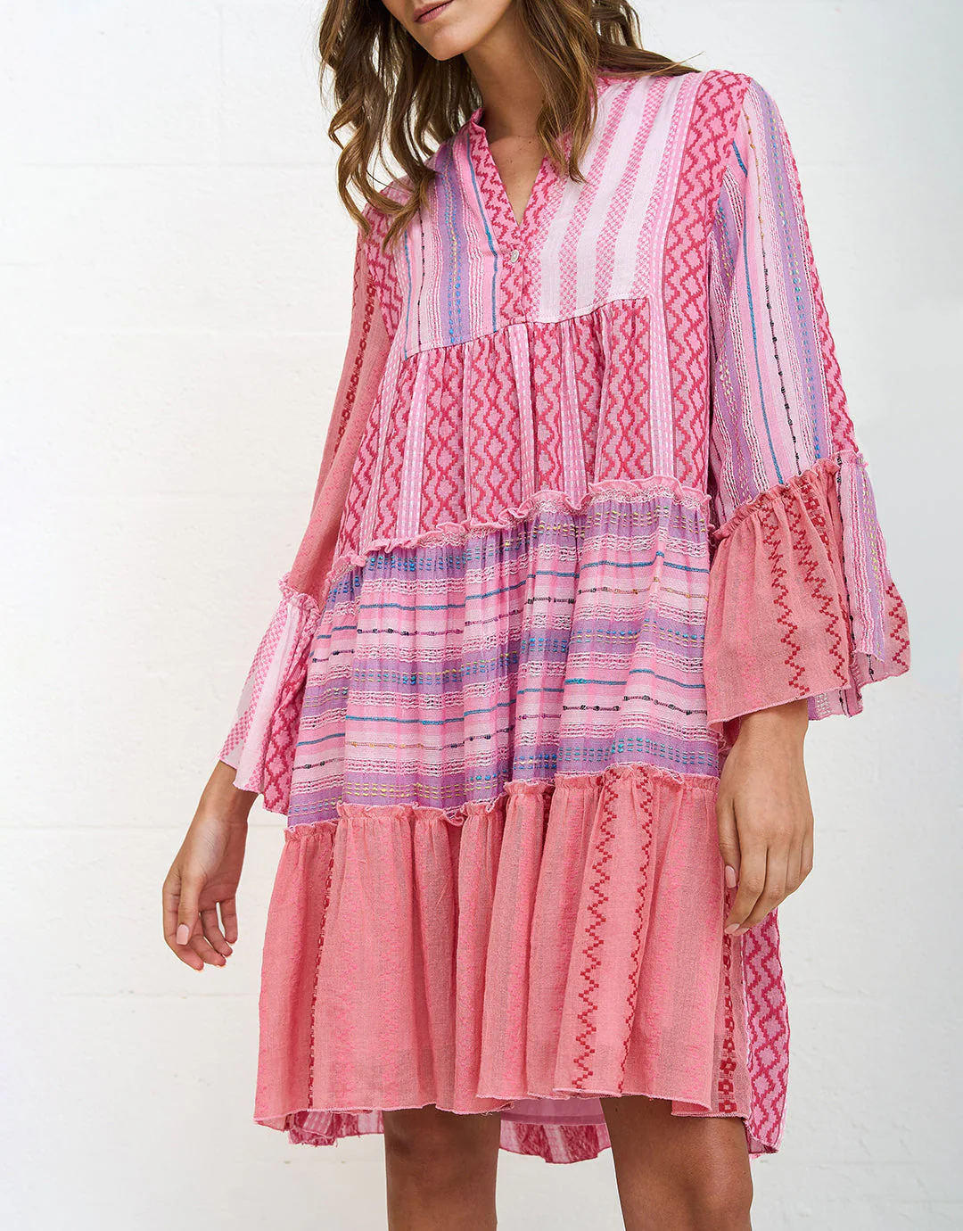Patchwork Mini Boho Dress - Pink - Image 3