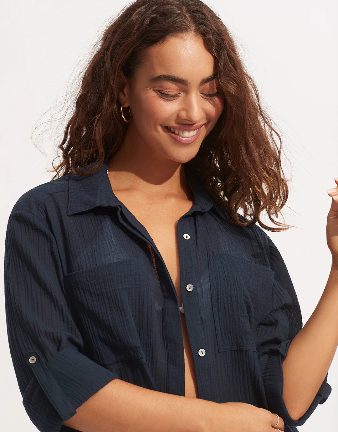 Crinkle Twill Beach Shirt - Indigo - Image 3