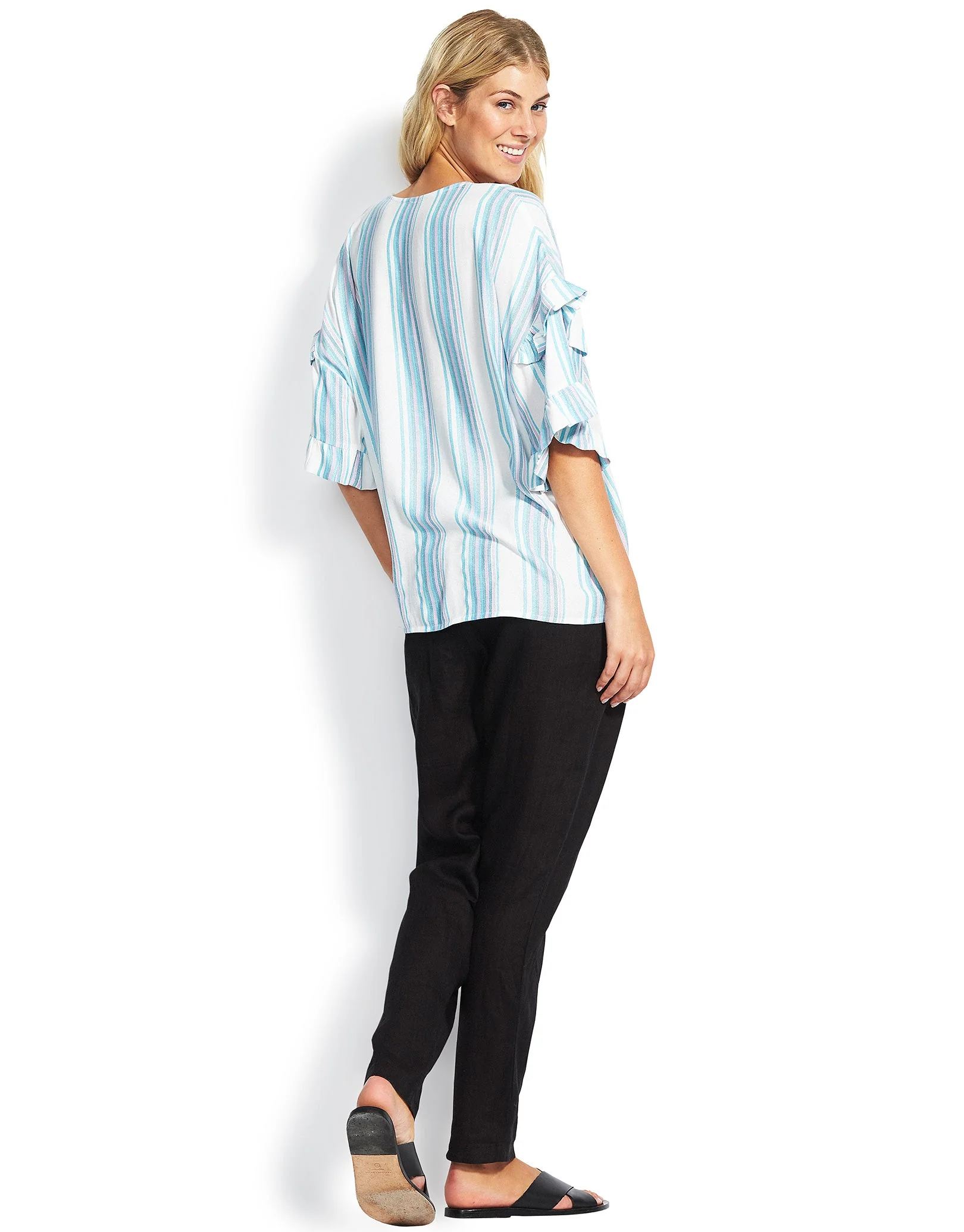 Linen Drawcord Trousers - Black - Image 3