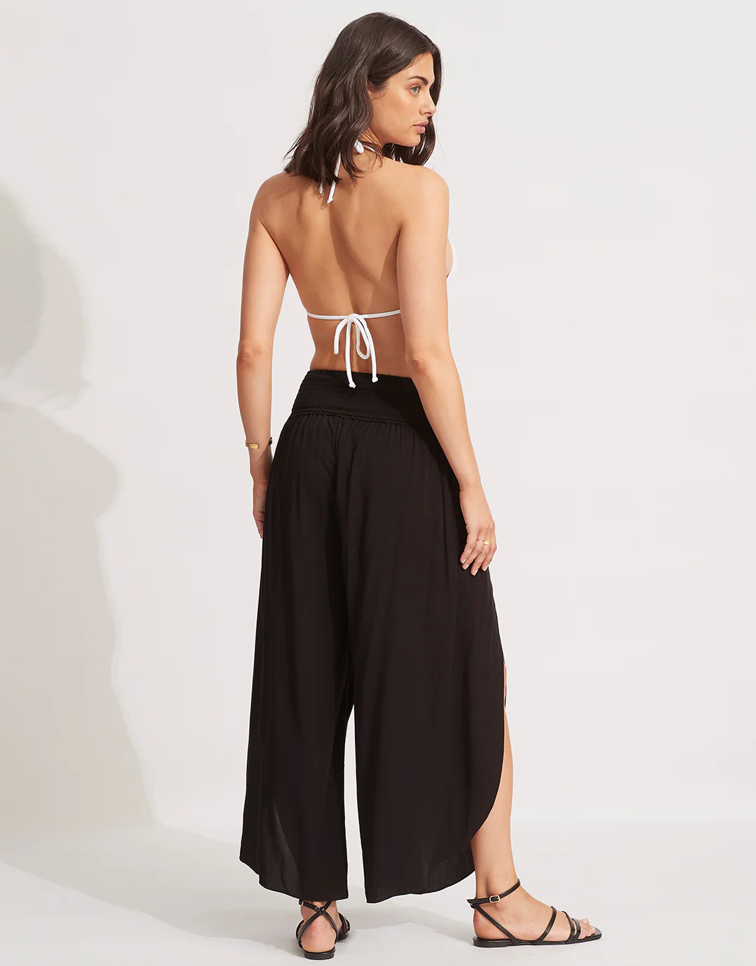 Shirred Waist Wrap Beach Trousers - Black - Image 3